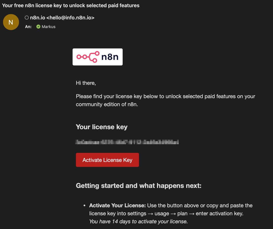 Example email of free n8n activation key