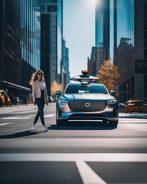 Autonomous self-driving car and woman