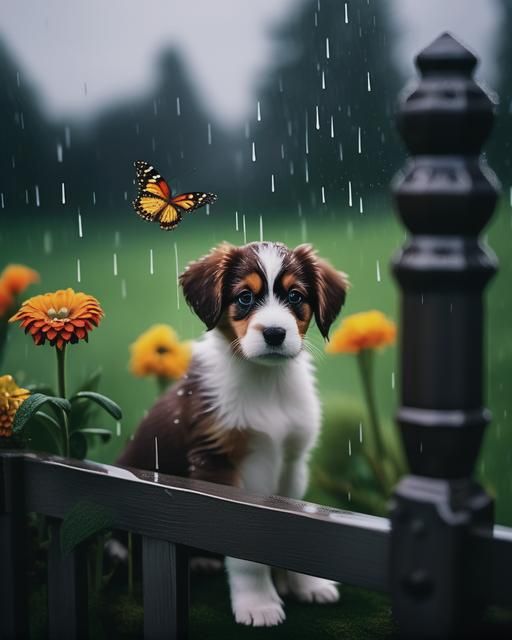 Cute dog in the rain