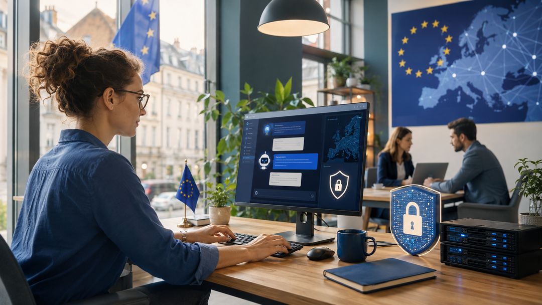 Woman on secure interface for AI of Small Business