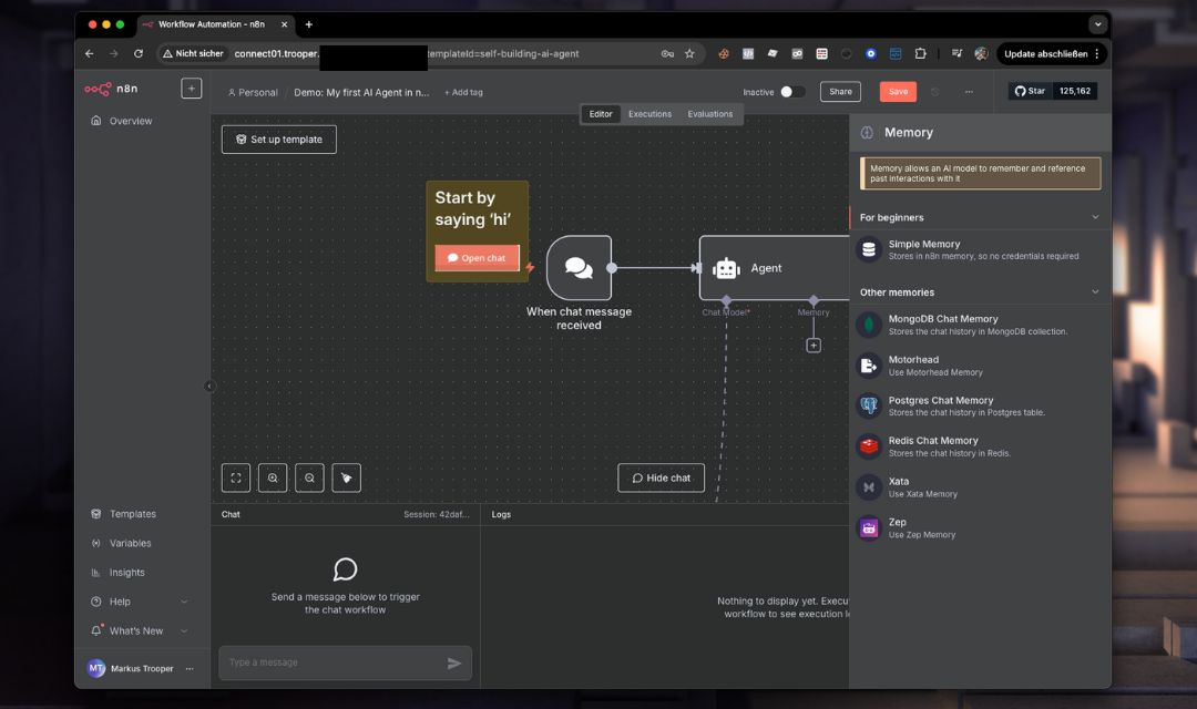 UI of n8n with example workflow