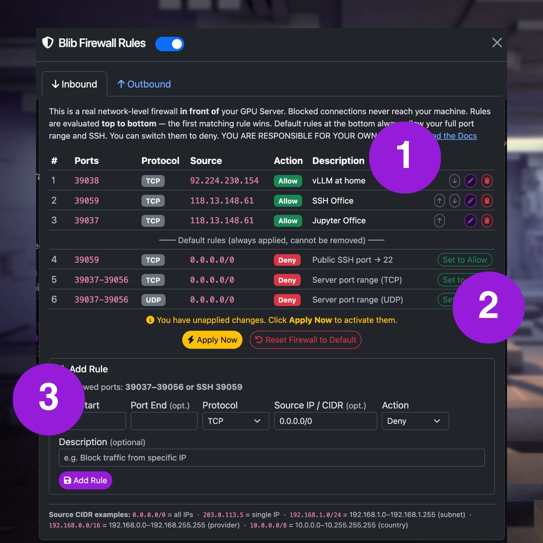 GPU Server Firewall Inbound Rules Interface